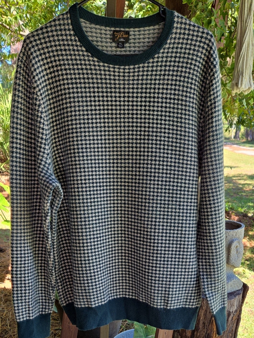 J. Crew 100% Cashmere Grandpacore Hunter Green Houndstooth Crewneck Sweater